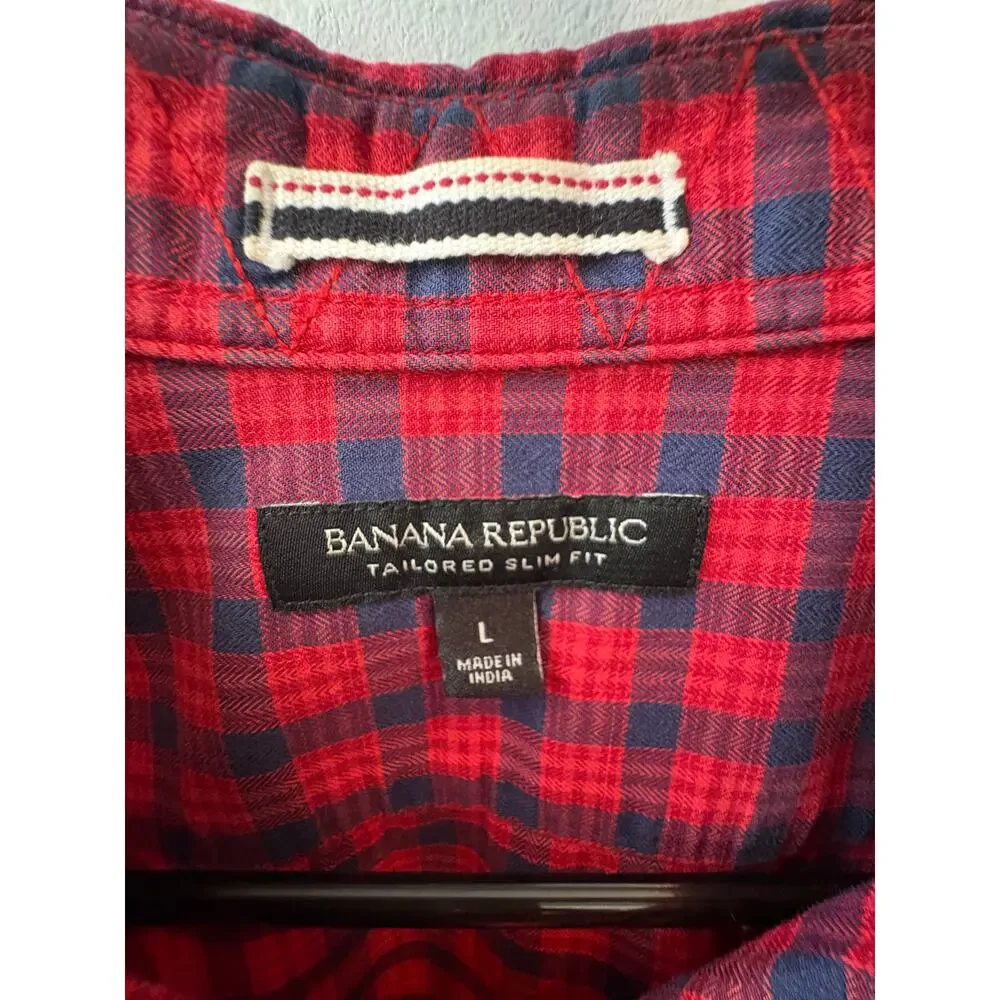 Mens Banana Republic red blue plaid slim fit cotton spandex western Large